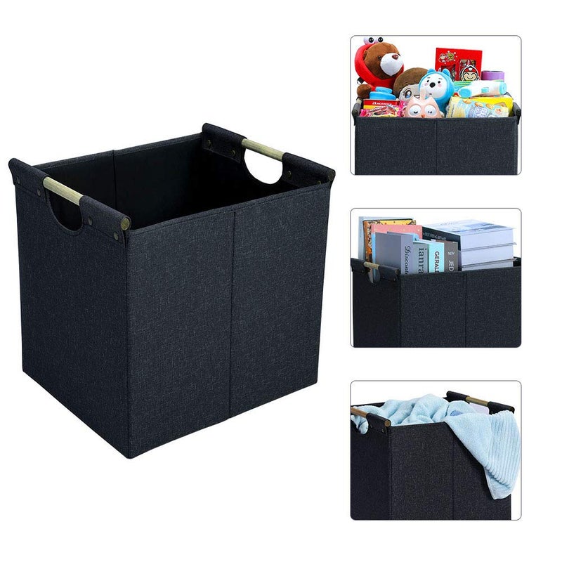 HOONEX Collapsible Storage Bins, 13x13x13in Storage Cubes Linen Fabric, 3 Pack, Storage Baskets with Wooden Carry Handles and Sturdy Heavy Cardboard, for Home, Office, Car, Nursery, Dark Grey - Image 2